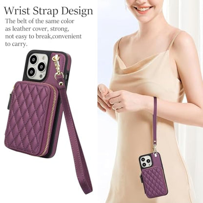 Phone Case for iPhone 14 Pro 6.1 inch Wallet Cell Cover with Tempered Glass Screen Protector Wrist Strap RFID Blocking Card Holder iPhone14Pro 5G i i-Phone i14 iPhone14 4 14Pro Women Girls Dark Purple - color: Dark Purple