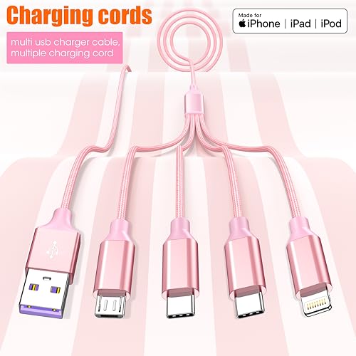 4 in 1 Multi Charging Cable 4ft 2 Pack,Braided MFi Certified Charger Cable - color: BlackGrey/Rose-4ft-2Pack