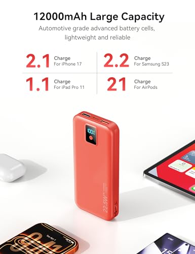 Portable Charger 12000mAh 22.5W w/Built-in Cable & Wall Plug Red - color: Red