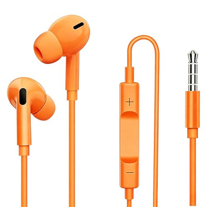 Wired in-Ear Earbuds with Microphone, 3.5mm Stereo Earphones with Soft Fit Ear Tips, Noise-Isolating Wired Headphones for Smartphones, Tablets, Laptops - Orange