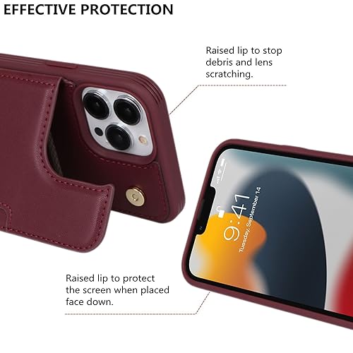 iCoverCase Compatible with iPhone 13 Pro Case with Card Holder, Wallet Phone Case for Women Men RFID Blocking PU Leather Protective Case 6.1 Inch (Wine Red) - color: Wine Red