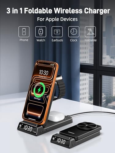 3 in 1 Charging Station for Apple,Travel Wireless Charger with Clock - color: Black