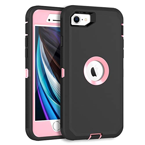 MXX Case Designed for iPhone SE Case 2020/SE 2022 Heavy Duty Protective with Screen Protector [3 Layers] Rugged Rubber Protection Cover & Rotating 360 Degree Belt Clip SE 3rd/2nd Gen(Black/Light Pink) - color: Black/Light Pink