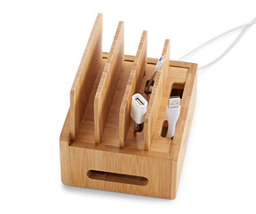 Bookaholic Bamboo Multi-Device Charging Station & Organizer - Rustic Elegant Desktop Dock for Smartphones, iPhone, iPad & Tablets - USB Compatible - Eco-Friendly