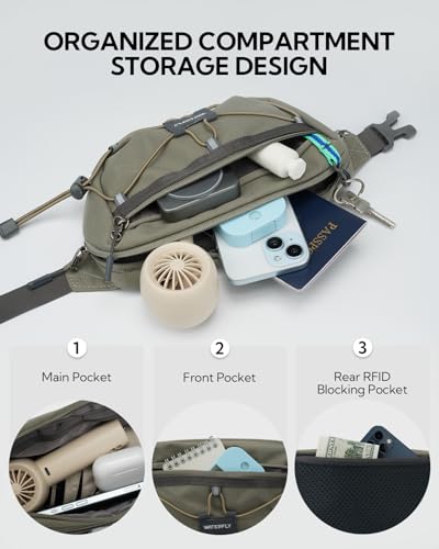 WATERFLY Small Fanny Pack RFID Blocking Travel Hiking Crossbody Waist Bag | Anti-theft design, Water resistant, Lockable zipper, Hidden rear pocket, Lightweight hip belt bag, EDC Running, Cycling, Gym - color: Gray-Green