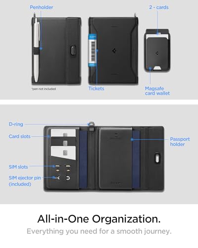 Spigen Life Passport Card Cover Holder, RFID Blocking | Travel Document Organizer, SIM Card Pin Included - Black - color: Black - with MagSafe Card Holder