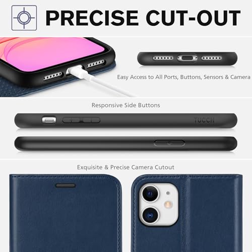 TUCCH Wallet Case for iPhone 11 (6.1") 2019, 3 Card Slots, Dark Blue | RFID Blocking, Viewing Stand, Shockproof TPU Shell, PU Leather, Magnetic Closure, Protective Folio Flip Cover - color: Dark Blue