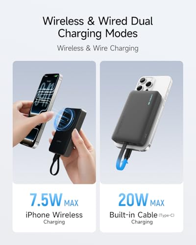 CUKTECH Magnetic Power Bank, 10000mAh Portable Charger, 20W Fast Charging & 7.5W Wireless, Built-in USB-C Cable, Battery Pack for iPhone 15/16/17 Series, Samsung, for Travel, Work & Daily Use