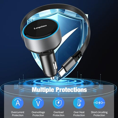 90W USB C Retractable Car Charger Built-in Type-C Cable for iPhone Android