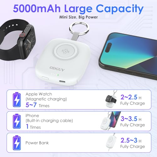 Small Portable Charger 5000mAh,iWatch Wireless Charger Mini Power Bank with Built-in Cable,Travel Keychain Charger for Apple Watch 11/10/9/8/Ultra/7/6/Se/5/4,iPhone 17/16/15/14/13/12,Android Phone - color: White