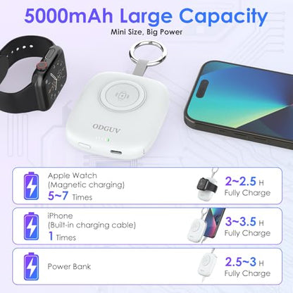 Small Portable Charger 5000mAh,iWatch Wireless Charger Mini Power Bank with Built-in Cable,Travel Keychain Charger for Apple Watch 11/10/9/8/Ultra/7/6/Se/5/4,iPhone 17/16/15/14/13/12,Android Phone - color: White