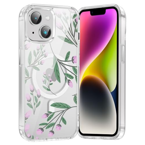for iPhone 13/14 Magnetic Case Cute Clear Flower Pattern Case, Aesthetic Spring Floral for Girls Women, Soft TPU Clear Slim Anti-Drop Shockproof Protective Phone Cover - Green Flower - color: Green Flower, size: iPhone 13/14