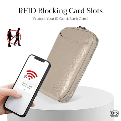befen Genuine Leather Crossbody Cell Phone Purse for Women, Small Zip Around RFID Blocking Crossbody Wallet Bags - color: Milk Tea Gray