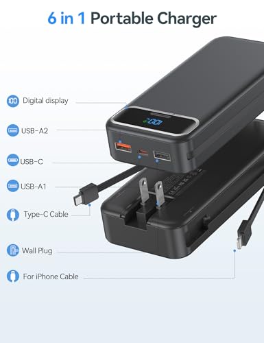 aonidi Portable Charger 20000mAh with Built-in Cables&AC Wall Plug, Black - color: Jet Black