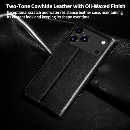Belemay Leather Wallet Case Compatible with iPhone 17 Pro Max, Premium Cowhide Leather Two-Tone Effect, RFID Blocking Card Holders, Shockproof TPU Shell, Kickstand, Protective Flip Cover, 6.9", Black - color: Black, size: iPhone 17 Pro Max