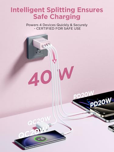 [2-Pack] USB C Charger Block, 4 in 1 USB C Wall Charger PD 3.0 40W Charging Blocks, QC 2A USB Wall Charger for iPhone 17 16 15 14 13 12 Pro Max, iPad, iPod - color: Purple + Pink
