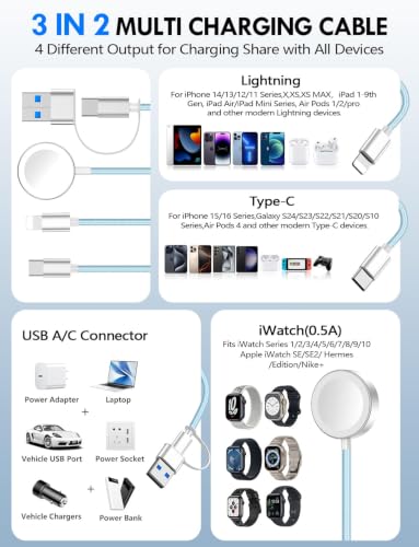 1Pack Travel Essentials for Apple Watch Charger,3-in-2 Multi Charging Cable - color: Blue, size: 1Pack-5 FT