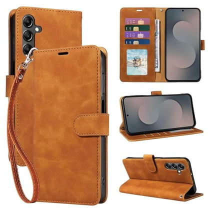 RFID Blocking for Samsung Galaxy S25 FE Case Wallet (Brown) | 4 Card Slots, Soft PU Leather, TPU Inner Shell, Wrist Strap, Stand, Magnetic Folio Flip Cover, Shockproof Protective - color: Brown
