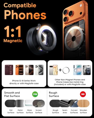 Meifigno for Magsafe Car Mount, [Metal Alloy Arm] Strongest Vacuum Suction & Magnetic Phone Holders for Your Car, Adjustable Car Phone Mount, Car Accessories for iPhone 17 16 15 14 13 12& Android