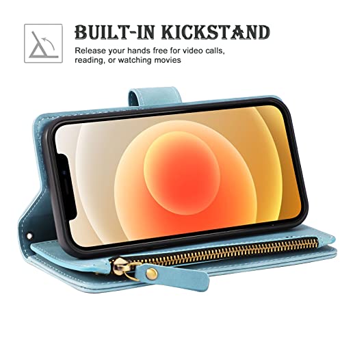 RANYOK Wallet Case Compatible with iPhone 13/14 (6.1 inch), Premium PU Leather Zipper Flip Folio Wallet RFID Blocking with Wrist Strap Magnetic Closure Built-in Kickstand Protective Case (Baby Blue) - color: Baby Blue