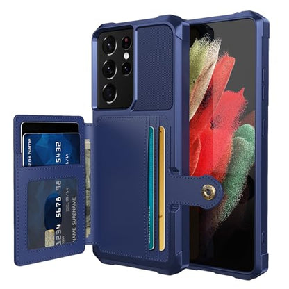 Wallet Case for Samsung Galaxy S21 Ultra, Compatible with Magnetic Car Mount, Heavy Duty Shockproof Rugged Soft TPU Back Leather Flip Credit Card Holder Cover 6.8 inch, Blue | Compatible with Magnetic Car Mount, Shockproof Rugged Soft TPU Hard Back Leathe