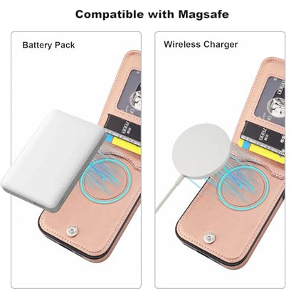 KIHUWEY for iPhone 16 Pro Wallet Case Card Holder for MagSafe, Rose Gold | Wireless Charging, RFID, Flip PU Leather, Magnetic Clasp, Hands-Free Viewing Kickstand, Heavy Duty Protective Cover - color: Magsafe for Rose Gold