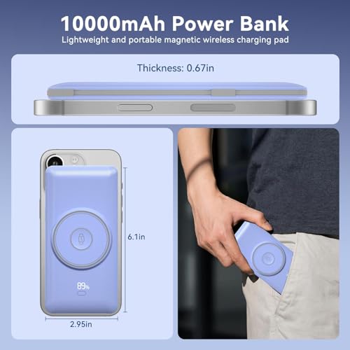 Magnetic 10000mAh Portable Charger for iWatch & iPhone, PD Fast Charging Wireless Power Bank Built-in Cables and Wall Plug, External Travel Battery Pack Compatible with iOS Android Phones - color: Blue
