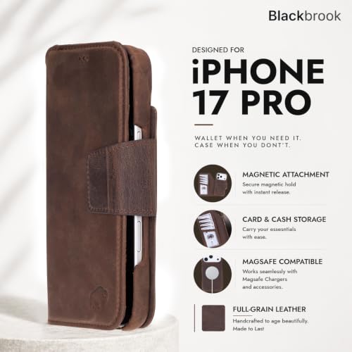 BlackBrook Detachable Leather Wallet Case Compatible with iPhone 17 Pro | Full-grain detachable folio with RFID blocking, 3 card slots, ID window, built-in kickstand, wireless charging, handcrafted. - color: Distressed Coffee, size: iPhone 17 Pro