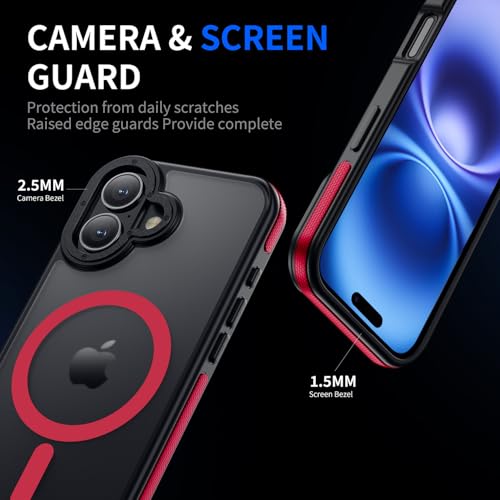 Strong Magnetic Case for iPhone 16 [5X Military-Grade Protection] Compatible with fit MagSafe Shockproof Slim Thin Cover 6.1 inch 16 Phone case, Red Bumper - color: A6-Red Bumper, size: iPhone 16(6.1")