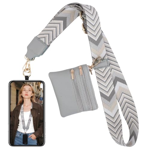 BARGIFTS Clip and Go Strap for Phone with Wallet Crossbody, Cell Phone Lanyard with Zippered Pouch, Adjustable Phone Strap Crossbody with Wallet - color: A-Grey