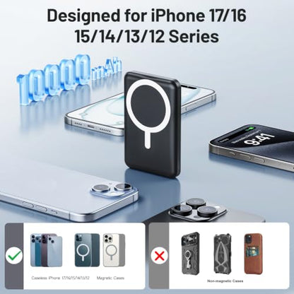AOGUERBE for MagSafe Portable Charger, 10000mAh Magnetic Charger for iPhone - color: Obsidian Black