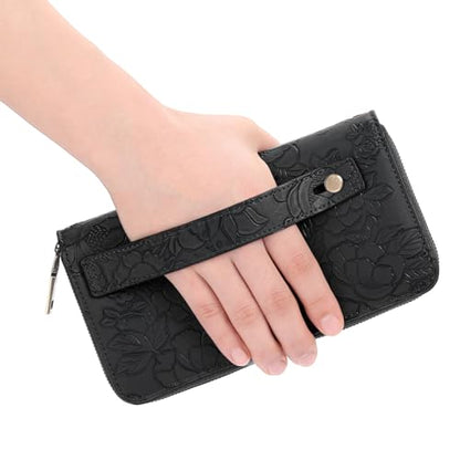 GAEKEAO RFID Leather Wristlet Wallet for Women with Grip Strap | Large capacity clutch wallet, credit card holder, wrist strap, zipper purse, travel and shopping - color: A12 Embossed Dark Black