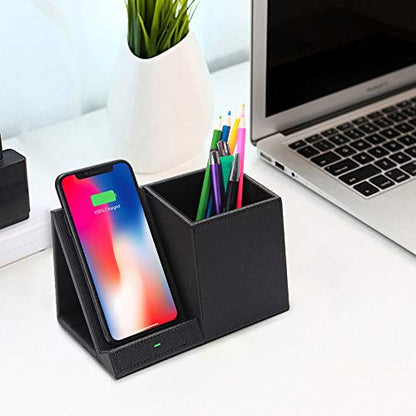 COSOOS Fast Wireless Charger with Desk Organizer, Desk Phone Charger Compatible with 15/15 Pro/15 Pro Max/14/13/12/11/XS/8 Plus, Galaxy S21/S20+/S10/Note 10/Note 9/(No AC Adapter) - color: Black