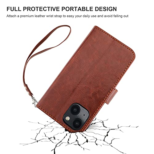 Bocasal Detachable Wallet Case Card Holder for iPhone 14, Brown | RFID Blocking Kickstand Card Slots Holder PU Leather Magnetic Shockproof Wrist Strap Removable Flip Protective Cover 6.1 inch - color: Brown