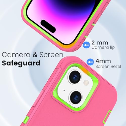 Compatible with iPhone 15, Girl's Dual Layer Shockproof Full Body Cover Military Grade Drop Protection Heavy Duty Phone Case for Apple iPhone 15/14/13 6.1 inch (Rose/Lime) - color: Rose/Lime