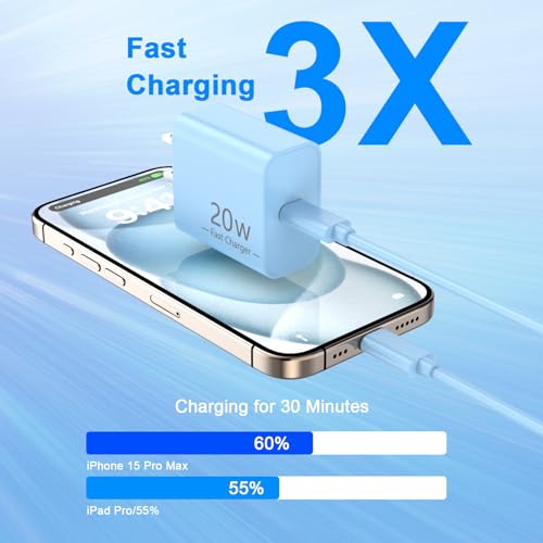 iPhone 17 16 15 Charger Fast Charging 10FT, 20W USB C Charger Block & Cable - color: Blue