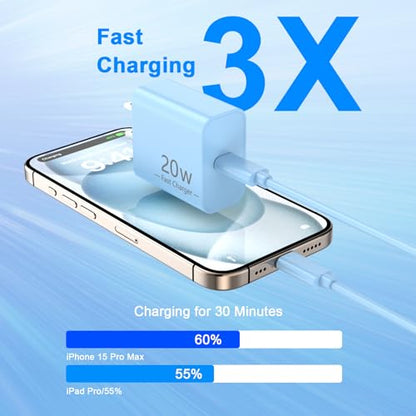iPhone 17 16 15 Charger Fast Charging 10FT, 20W USB C Charger Block & Cable - color: Blue