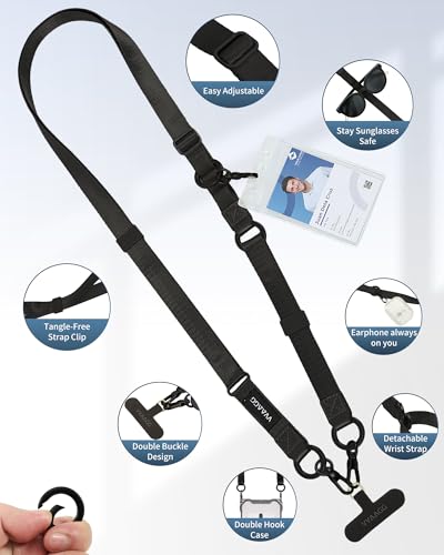 VVAAGG Cell Phone Lanyard for iPhone: Adjustable Phone Strap Crossbody Neck and Wrist Strap Anti-Theft Lanyard Travel Essential Compatible for iPhone Android Smartphones - color: Black