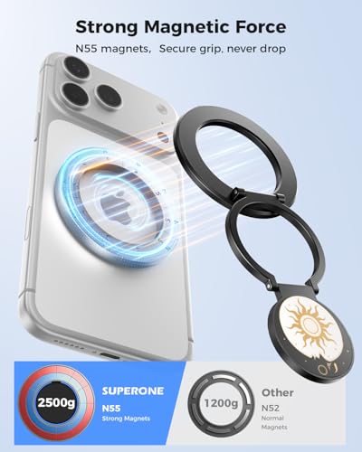 SUPERONE Upgraded Magnetic Phone Grip Sun, Removable Gym MagSafe Kickstand, Dual-Sided Magnet Phone Ring Holder for iPhone 17/16/15/14/13/12, Compatible with Magnetic Car Mount- Sun and Moon Pattern - color: BK-Sun