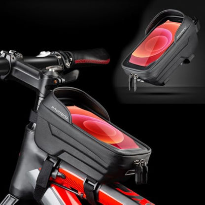 Waterproof Bike Frame Bag - MTB/Road Bike Top Tube Phone Holder | for Phones Under 6.5" Universal Bicycle Phone Pouch with Rain Cover & Shockproof Design, Commuter Cycling Accessories