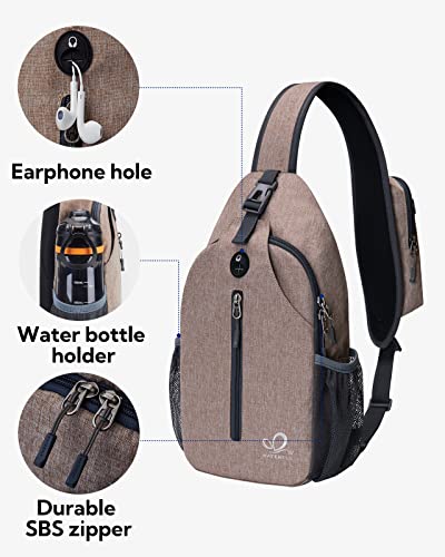 WATERFLY Crossbody Sling Backpack Sling Bag Travel Hiking Chest Bags Daypack (Flaxen) | Small Hiking bag,Multi-compartment storage,Water-resistant,Breathable back pad,Reversible adjustable shoulder strap - color: Khaki