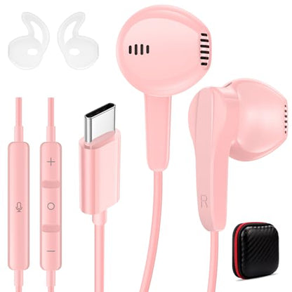 Wired Headphones USB C Earbuds Digital Sound Earphone with DAC Chip and Mic - color: Pink