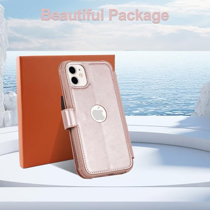 VANAVAGY Wallet Case for iPhone 11 6.1 inch, Rose Gold | 12ft Drop-proof Cover for Women Men, Silm PU Leather, RFID Blocking Card Holder, Wrist Strap, Screen Protector - color: Rose Gold