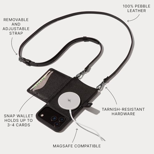 Bandolier Mila Leather Crossbody MagSafe Phone Case iPhone 17 Pro- Black/P | Crossbody leather phone case. Built-in card-holder. Adjustable & removable strap. MagSafe Design. Phone drop protection. - color: Black/Pewter, size: Iphone 17 Pro