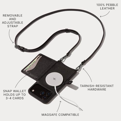 Bandolier Mila Leather Crossbody MagSafe Phone Case iPhone 17 Pro- Black/P | Crossbody leather phone case. Built-in card-holder. Adjustable & removable strap. MagSafe Design. Phone drop protection. - color: Black/Pewter, size: Iphone 17 Pro
