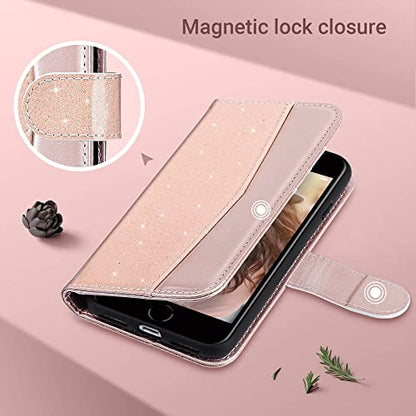 ULAK for iPhone SE (2022)/SE(2020)/8/7 Wallet Case Card Holder Pink Glitter | Premium PU Leather Flip Case with Kickstand Card Slots,RFID Blocking,Wrist Strap, Durable Shockproof Cover 4.7 Inch - color: Glitter