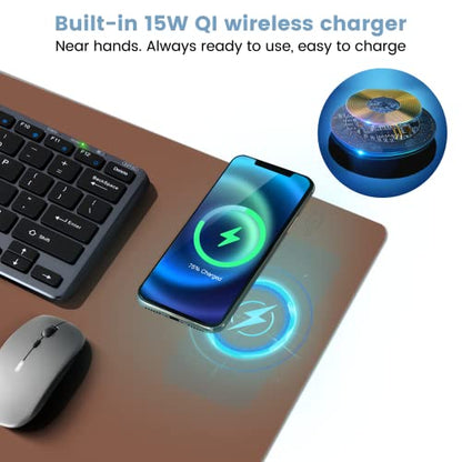Desk Mat Wireless Charging Mouse Pad Large 32x16 Journey Desk Pad Mat with Wireless Charger Waterproof Leather Computer Mat with Phone Charger Mousepad Non-Slip for Keyboard and Mouse - color: Light Brown, size: 32" x 16"