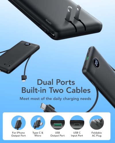 VRURC Fast Charging Portable Charger Power Bank AC Plug & Built-in Cables - color: Black