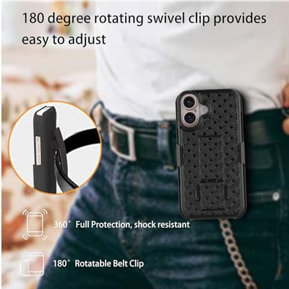 for iPhone 16 Stand Case, Belt Clip Holster Screen Protector-Black | Camera Lens Protector, Swivel Kickstand Holder, Slim Shell Pouch Full Body Protective, Rugged Shockproof Cell Phone Cover - size: iPhone 16