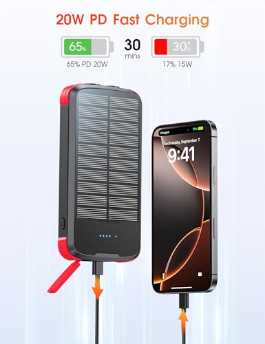 Solar Power Bank 40000mAh PD20W Fast Charging Portable Solar Charger - color: Red